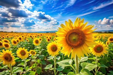 Bright yellow sunflowers in a field with green grass and blue sky, garden, bright, blooming