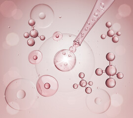 Skin Serum and Vitamin collagen with Liquid Bubble on pink color background. 3d rendering.