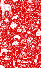Seamless Pattern Whimsical Christmas and New Year Doodles  Featuring Festive Icons, Cozy Winter Scenes, and Seasonal Decorations in Vibrant Colors