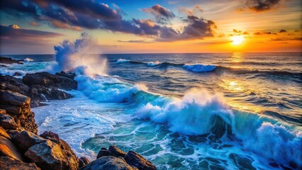 Fototapeta premium Deep blue ocean waves crashing against a rocky shoreline at sunset, natural beauty, sea and sky, daybreak light