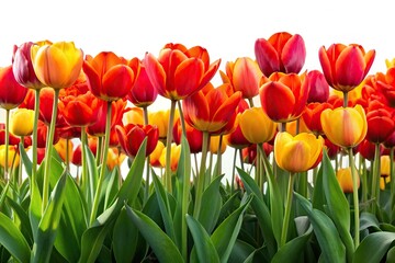 Obraz premium Flowerbed with red and yellow tulip isolated on white background panoramic