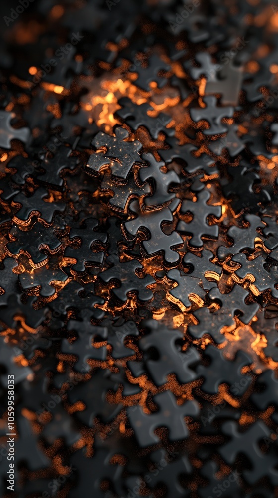Poster intricate puzzle pieces glowing in a mysterious light symbolizing complexity and connection