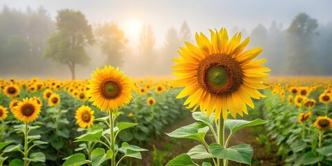 Obraz premium Freshly cut sunflowers standing tall in a field of soft morning fog, sunflowers, scenery, nature, field