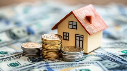 House Model with Coins on Dollar Bills