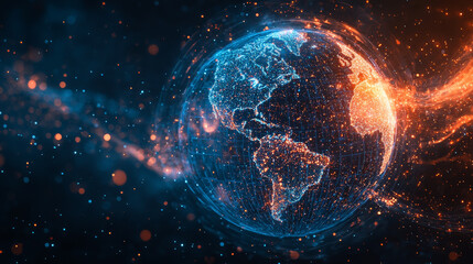 Obraz premium 3D globe with swirling lights representing search engine, showcasing vibrant blue and orange colors. globe is surrounded by glowing particles, creating dynamic visual effect