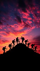 Fototapeta premium Adventurers Conquering Peaks Under a Vibrant Sunset Sky