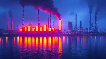 Obraz premium Industrial landscape with smokestacks and reflections in water, showcasing pollution and energy production. vibrant colors highlight contrast between nature and industry