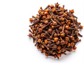 Obraz premium Isolated Dry Spice Cloves on White Background - Top View Flat Lay for Culinary Use, Cooking, and Aromatic Spice Recipes