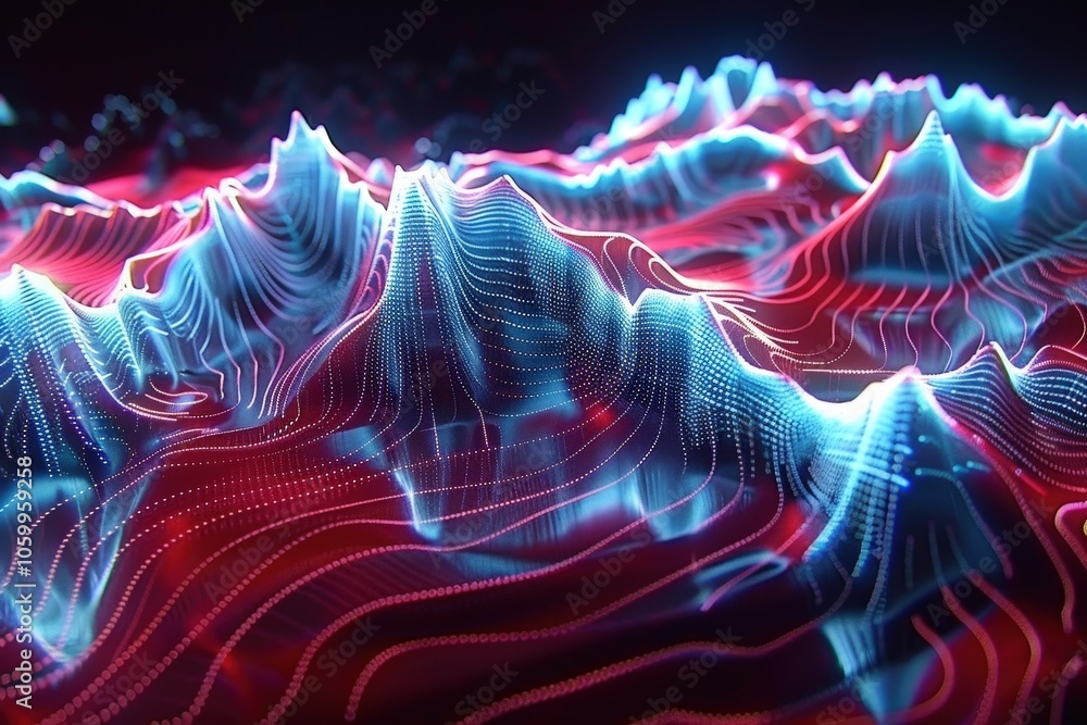 Poster a computer generated image of a mountain range with red and blue colors