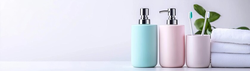 Obraz premium Modern bathroom accessories including soap dispensers, toothbrush holder, and towels on a white background, perfect for home decoration.