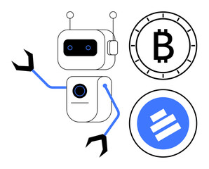 Fototapeta premium Robot with mechanical arms, beside Bitcoin and blue blockchain technology symbols. Ideal for tech concepts, blockchain, digital currency, automation, financial technology, AI innovation, digital