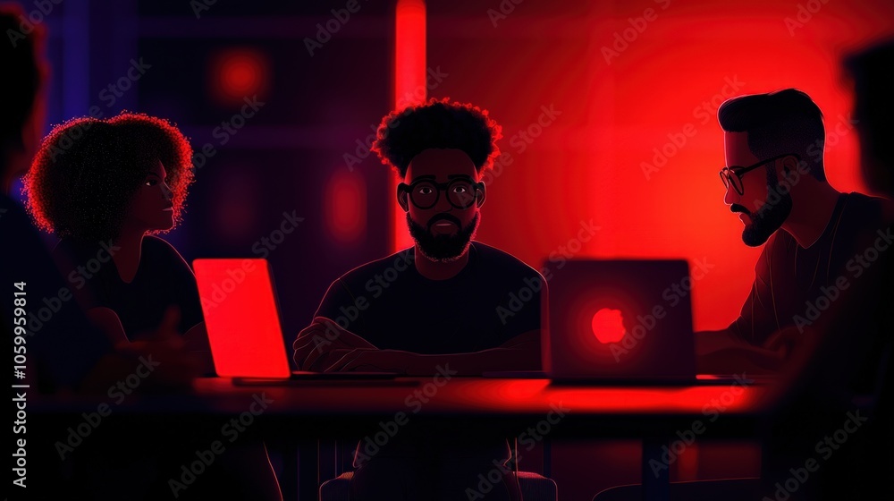 Poster exploring creativity in a dimly lit collaborative workspace with diverse individuals
