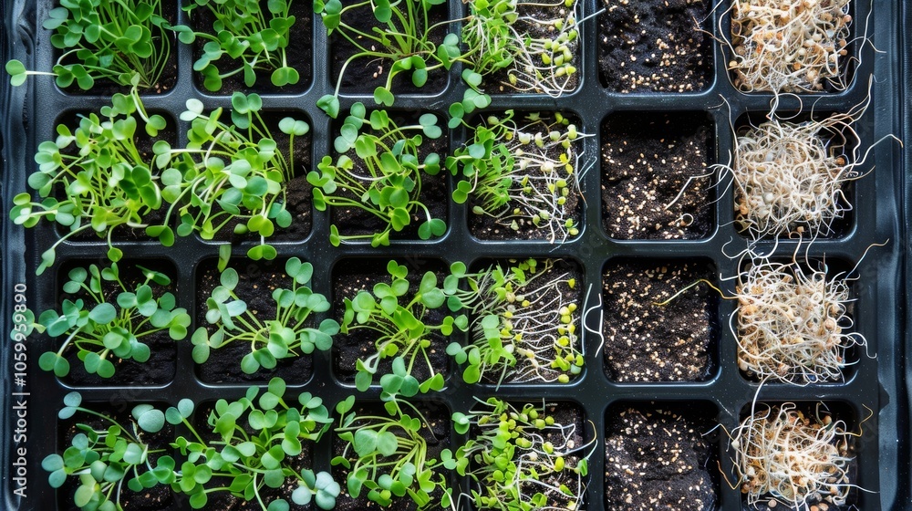 Poster a top view of a sprouting tray filled with buckwheat seeds showcasing the organized rows of sprouts 