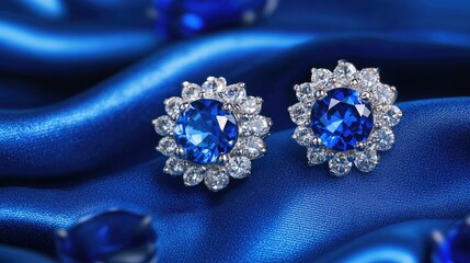 Obraz premium Close-up photo of earrings on a dark blue satin background, showing the high-end jewelry design.