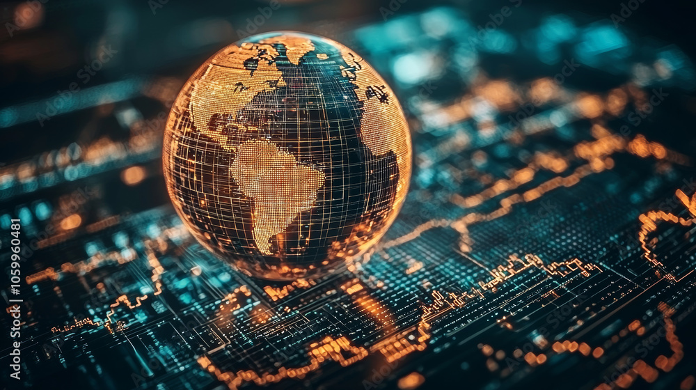 Sticker glowing globe representing globalization in finance, surrounded by digital data and networks, symbol