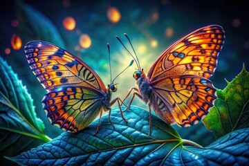 Obraz premium Macro Night Photography of Butterflies Mating on Poison Ivy Leaf in Midsummer Nature Close-Up Scene, Capturing Intricate Details and Vibrant Colors