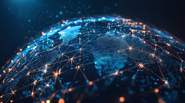 Global interconnected network showcasing digital connections across continents, highlighting flow of information and trade in vibrant, technological landscape