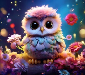 Obraz premium Cute cartoon owl in a clearing in beautiful flowers.