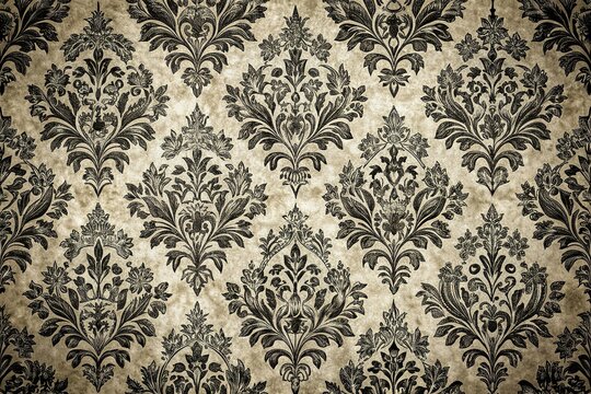 Classic damask print featuring intricate black and white floral motifs on a textured background, floral motifs, traditional wallpaper