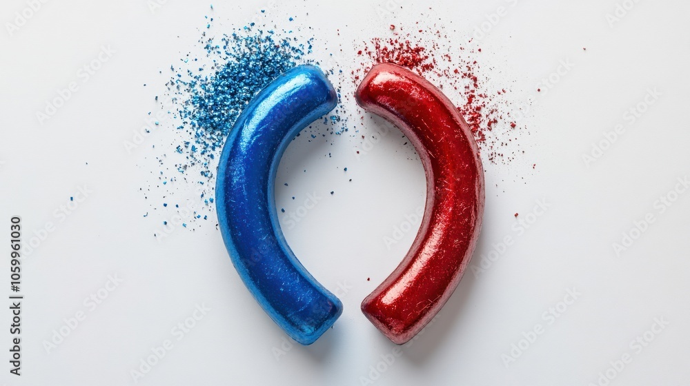 Poster Two curved objects in blue and red with glitter, surrounded by matching colored powder.