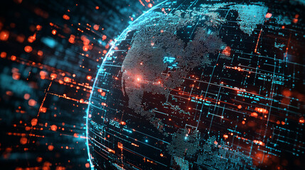 Obraz premium futuristic representation of glowing globe with data streams, showcasing global connectivity and technology. vibrant colors create dynamic atmosphere