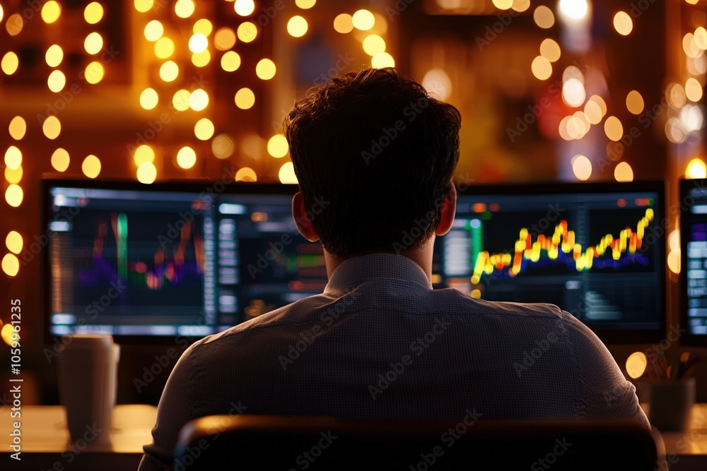 Poster analyzing market trends the journey of a data-driven trader amidst twinkling lights