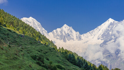Fototapeta premium Panchachuli mountain peaks. Lush green valley with trekking trail and snow capped Himalayan peaks in background. Drifting clouds in blue sky.