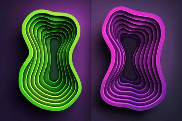 Two abstract shapes, one green and one purple