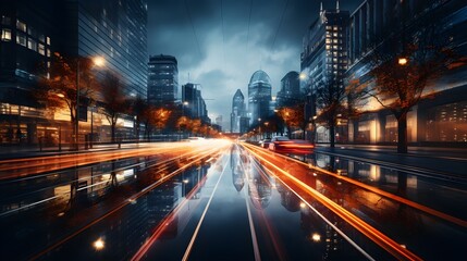 Obraz premium Traffic-jammed highway stretches into the neon-lit Chinese cityscape