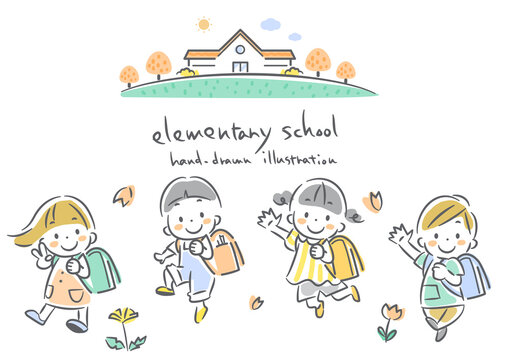新一年生　ランドセルを背負って喜ぶ小学生　カラフルでカワイイ手描きイラスト