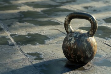 Rusty Kettlebell On Wet Concrete Floor