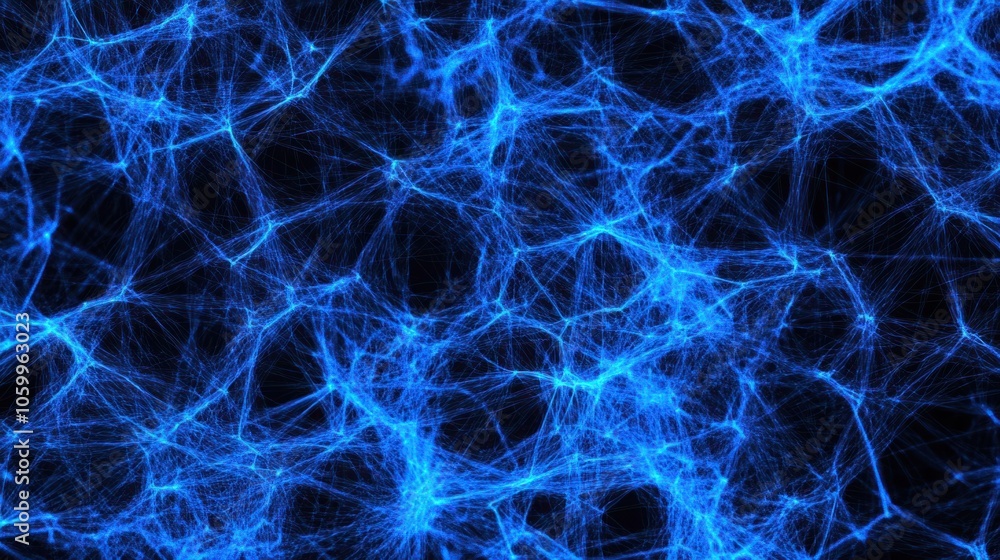Wall mural bright blue network nodes and lines on a dark background, forming an intricate digital web