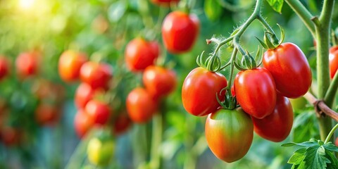 A tomato plant with a few ripe red tomatoes hanging from its stem, flowers, garden