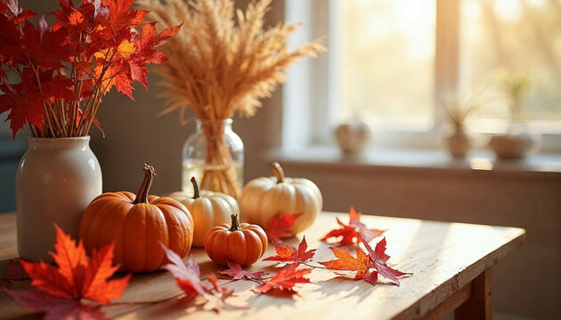 A cozy indoor setting with a table decorated with fiery red maple leaves, sunlight streaming in, highlighting a fall-themed display of mini pumpkins and a vase of dried wheat