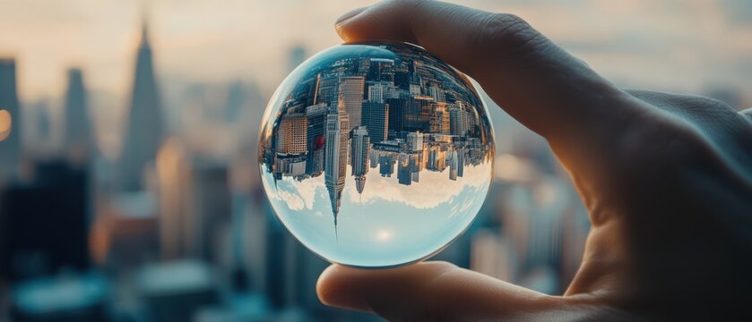 A hand holds a crystal ball reflecting a city skyline upside down, capturing a stunning urban view at sunset.