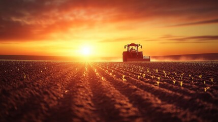 Fototapeta premium Tractor Sunset Field.