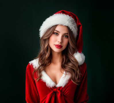 Woman in Mother Christmas costume with red lipstick, festive and cheerful