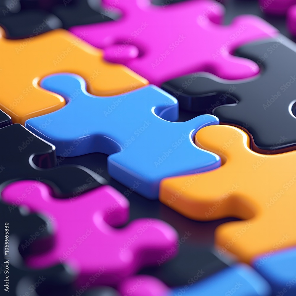 Poster colorful puzzle pieces interconnected representing problem-solving and collaboration concepts