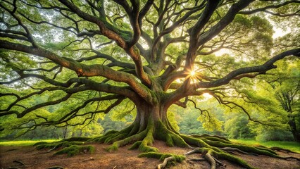 Fototapeta premium Ancient oak tree with gnarled branches and roots exposed in a forest clearing, nature, leaves, oak tree, outdoors, foliage