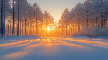 Soft sunlight breaks through tall trees, illuminating a snow-laden path. The tranquil ambiance of the early morning captures the beauty of winter's quiet embrace in the forest.