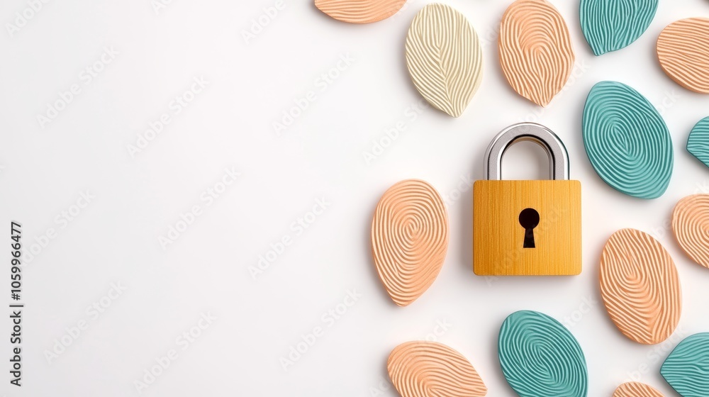 Poster fingerprint pattern security concept padlock and fingerprints on white background