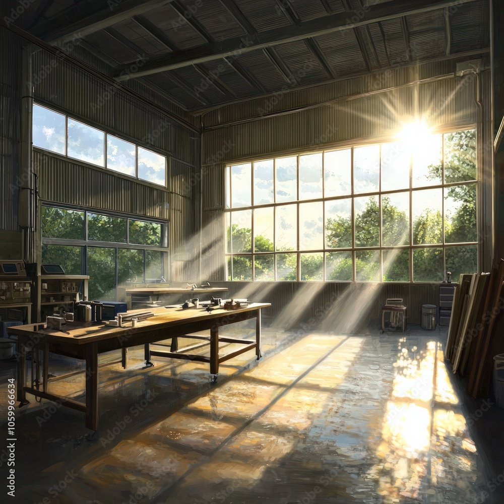 Poster sunlight streaming through windows in a workshop creating a serene atmosphere