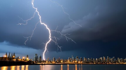 A dramatic lightning storm illuminating the night sky over a city skyline