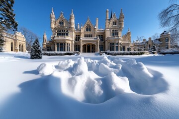 Obraz premium Blizzard around an old, dark castle with snow piling up and shadows falling, capturing the dramatic and intense beauty of gothic winter scenes, symbolizing mystery and intensity