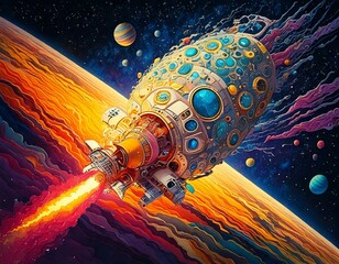 a space craft going through a gas giant in space