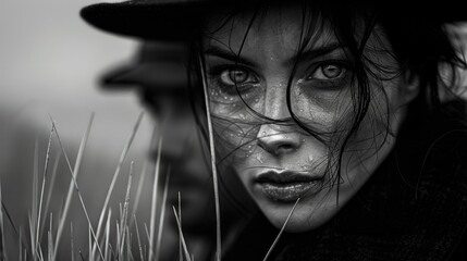Fototapeta premium Mysterious Woman with Intense Gaze in Black and White Portrait Art