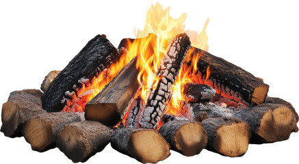 Campfire with burning logs on a transparent background