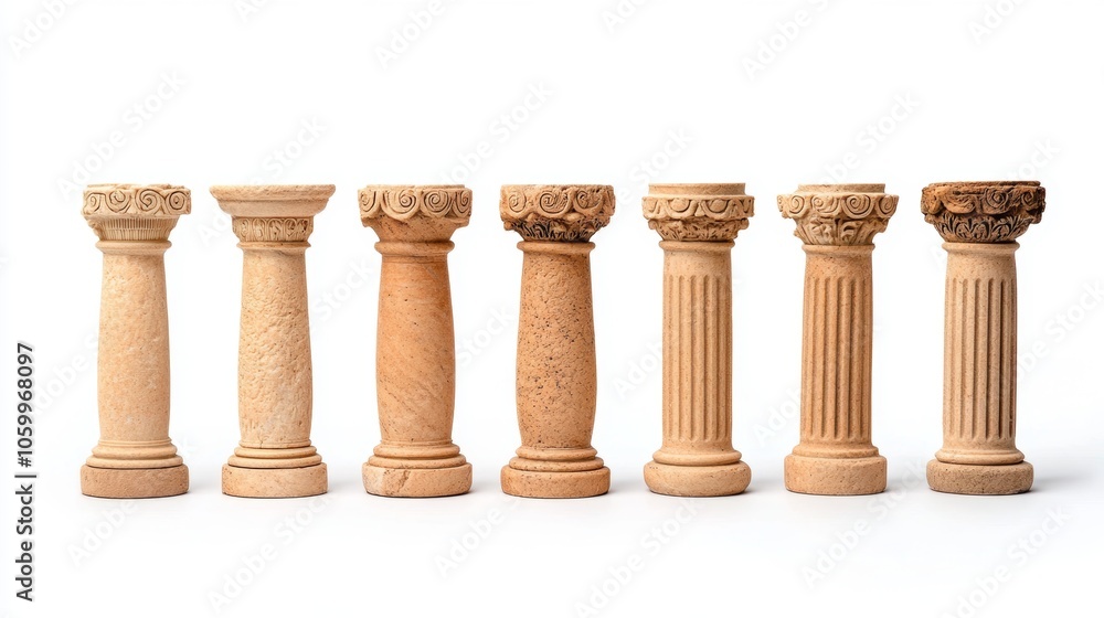 Poster ornate stone columns architectural elements row isolated white background
