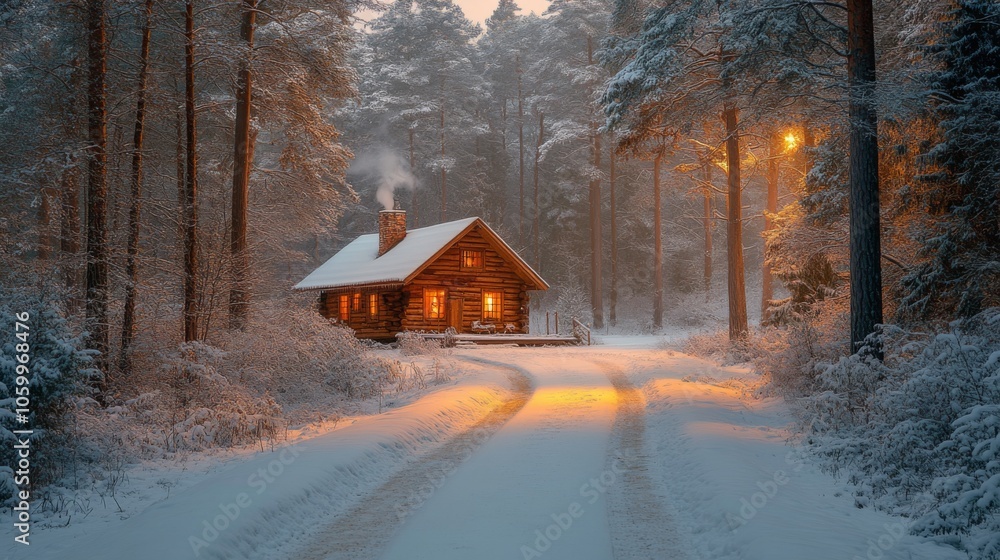 Poster Nestled in a snowy forest, a charming cabin emits a warm glow through its windows as dusk settles in. Tracks in the fresh snow lead towards this inviting retreat.