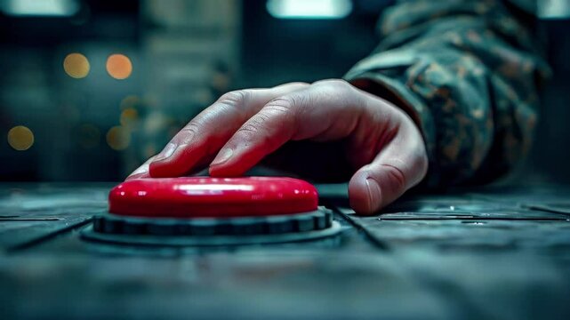 Man hand in camouflage clothing touches red button, close-up. Military man directs combat operations in secret bunker.